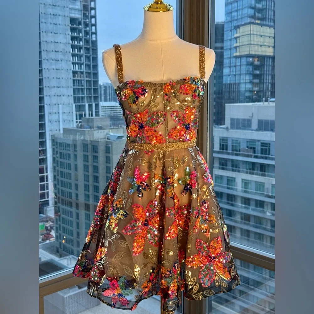 🆕 BRONX & BANCO 🧿 NWOT Mademoiselle Floral Sequin Fit-&-Flare Dress Sz XS US 2 - Picture 10 of 16